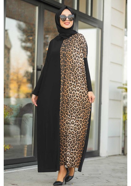 Neva Style Leopar Desenli Siyah Tesettür Elbise 5453S