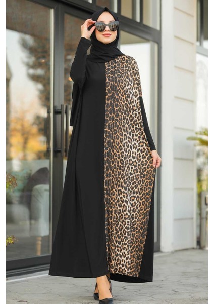 Neva Style Leopar Desenli Siyah Tesettür Elbise 5453S