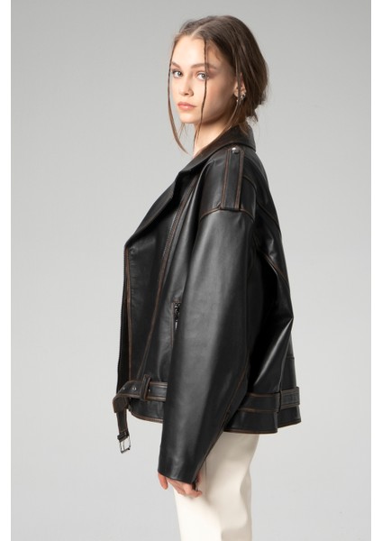 WM031 Oversize Biker Kadın Silme Deri Mont