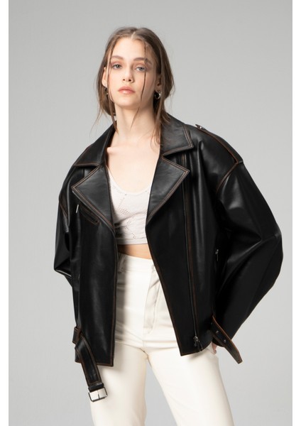WM031 Oversize Biker Kadın Silme Deri Mont