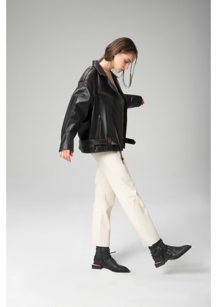 WM031 Oversize Biker Kadın Silme Deri Mont