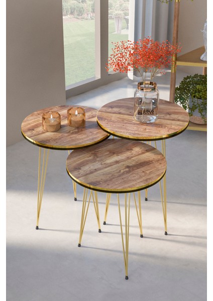 Metal Ayaklı Altın Renk Zigon Sehpa Seti 34 cm Yükseklik 47-51-55 cm Üst Çap Minimalist Tasarım