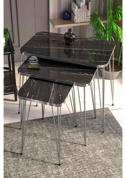 Falez Zigon 3'lü Zigon Sehpa Seti - Metal Ayaklı, Altın Renk, 55x37x60 cm, Minimalist Tasarım ile Şık Ev Dekorasyonu