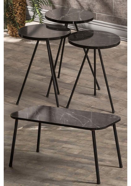 Zigon Sehpa ve Orta Sehpa Set Kr Metal Mermer Desen Siyah