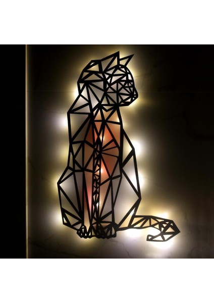 Epoksili Geometrik Ahşap Kedi Duvar Dekorlu Gece Lambası Gri Turuncu 40 cm