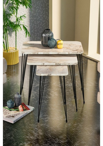 Metal Ayaklı Mermer Desenli 3'lü Zigon Sehpa Seti 37x60x47 cm Salon ve Oturma Odası Dekor