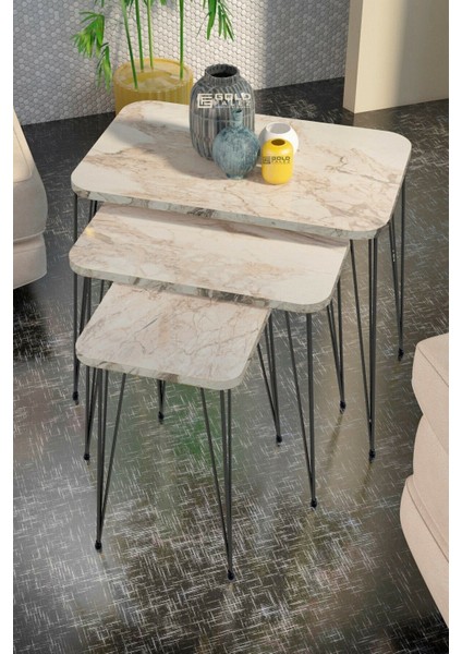 Metal Ayaklı Mermer Desenli 3'lü Zigon Sehpa Seti 37x60x47 cm Salon ve Oturma Odası Dekor fiyatları