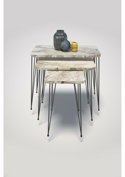 Metal Ayaklı Mermer Desenli 3'lü Zigon Sehpa Seti 37x60x47 cm Salon ve Oturma Odası Dekor modelleri