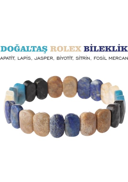 Sertifikalı Doğal Taş Rolex Bileklik Apatit, Lapis, Jasper, Biyotit, Sitrin, Fosil Mercan
