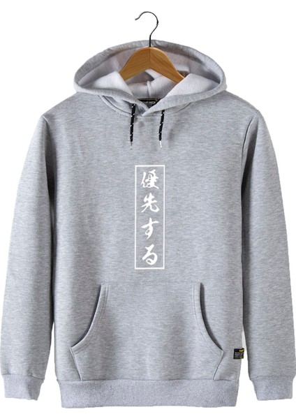 Erkek Gri Önü Japonca Baskılı Kapüşonlu Sweatshirt 22K-5200322-3