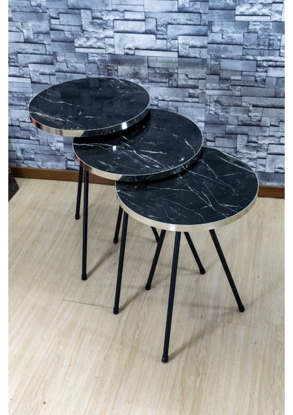 Zigon Sehpa 3'lü Siyah Metal Ayak Gümüş Siyah Bendir modelleri