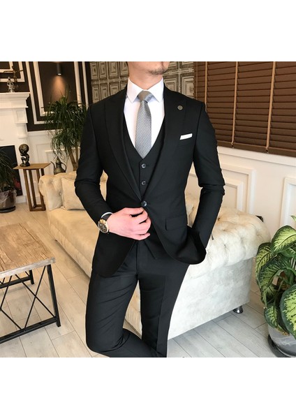 Italyan Stil Ceket Yelek Pantolon Takım Elbise Siyah T5584