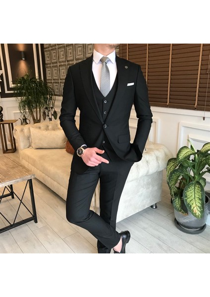 Italyan Stil Ceket Yelek Pantolon Takım Elbise Siyah T5584