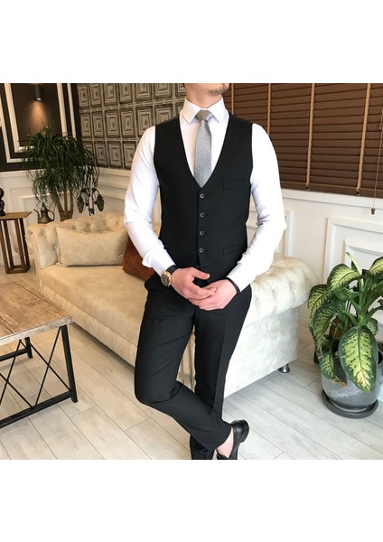 Italyan Stil Ceket Yelek Pantolon Takım Elbise Siyah T5584