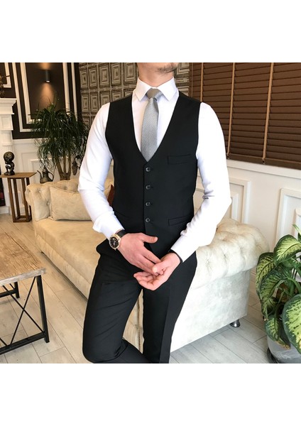 Italyan Stil Ceket Yelek Pantolon Takım Elbise Siyah T5584