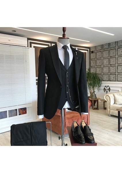 Italyan Stil Ceket Yelek Pantolon Takım Elbise Siyah T5584