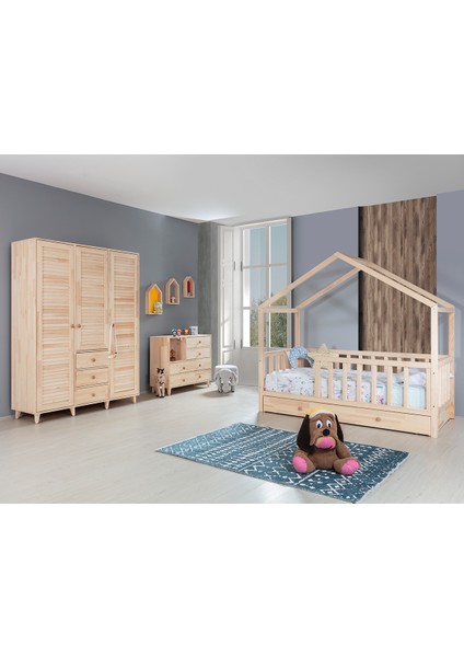 Doğal Ladin Çocuk Odası, Pine Montessori Çocuk Odası Takımı - Yavrulu Karyola, Dolap PN-100, Şifonyer DR-200