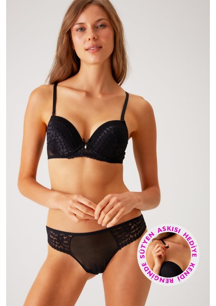 Siyah 4810 Milan Çiçek Desen Dantelli Push Up Dolgulu Iç Çamaşırı Takımı (Tak - Çıkar Askılı)
