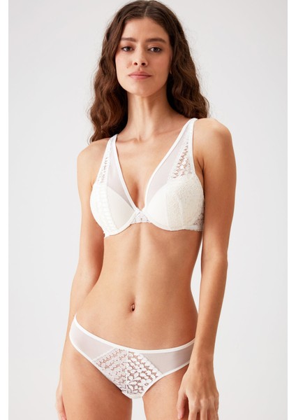 Ekru 4811 Biella Çiçek Desen Soft Push Up Dolgulu Tül Detaylı Iç Çamaşırı Takımı