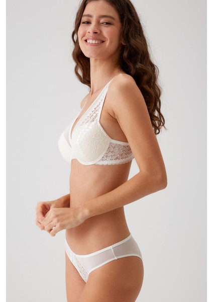 Ekru 4811 Biella Çiçek Desen Soft Push Up Dolgulu Tül Detaylı Iç Çamaşırı Takımı