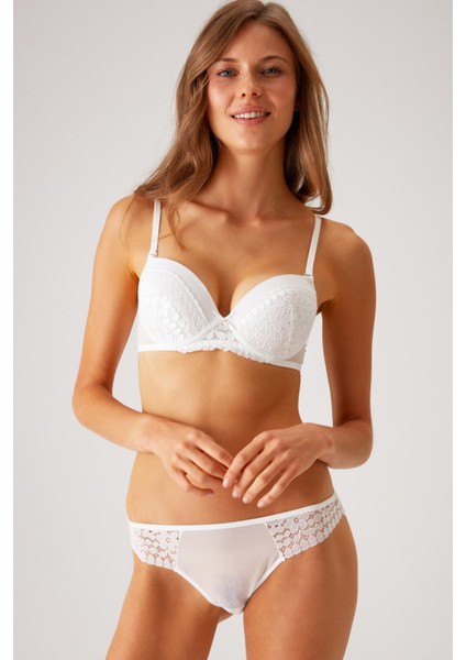 Ekru 4810 Milan Çiçek Desen Dantelli Push Up Dolgulu Iç Çamaşırı Takımı (Tak - Çıkar Askılı) fiyatları