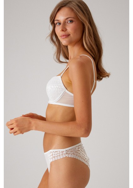 Ekru 4810 Milan Çiçek Desen Dantelli Push Up Dolgulu Iç Çamaşırı Takımı (Tak - Çıkar Askılı) modelleri