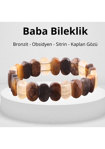 Sertifikalı Doğal Taş Baba Bileklik Rolex 15 mm Bronzit - Obsidyen - Sitrin - Kaplan Gözü