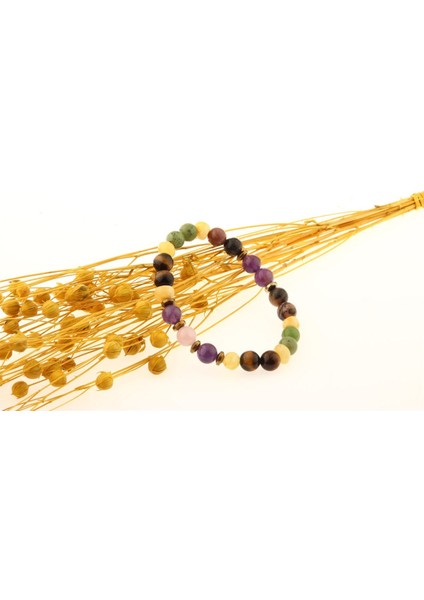 Sertifikalı Özel Tasarım Doğal Taş Bileklik 8 mm Ametist, Pembe Kuvars, Yeşim, Kehribar, Kaplan Gözü