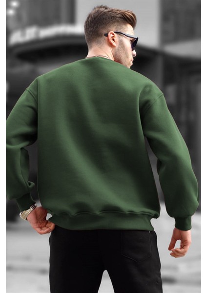 Haki Bisiklet Yaka Oversize Şardonlu Basic Erkek Sweatshirt 6048