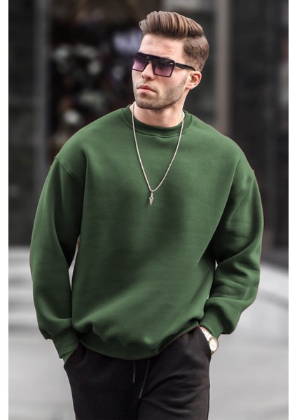 Haki Bisiklet Yaka Oversize Şardonlu Basic Erkek Sweatshirt 6048