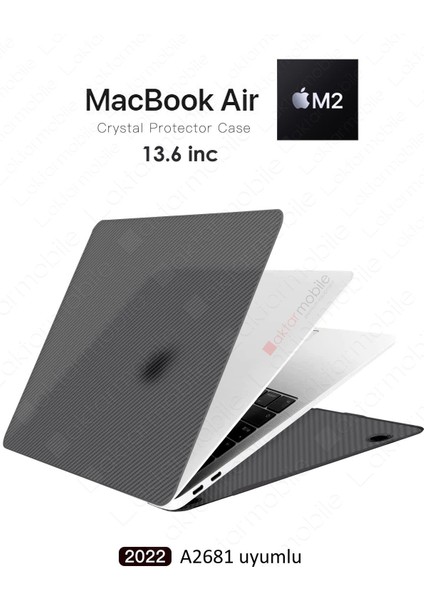 MacBook Air M2 13.6" 2022 A2681 Uyumlu Kılıf Karbon Fiber Desenli Koruyucu Kapak Transpan Tasarım