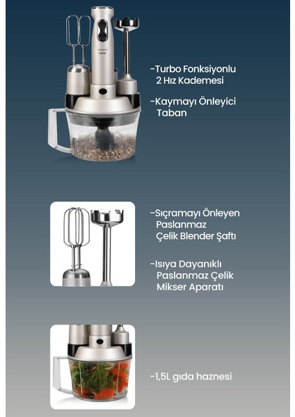 Elanamax GM7239R Silver Multi Blender Set Mutfak Robotu