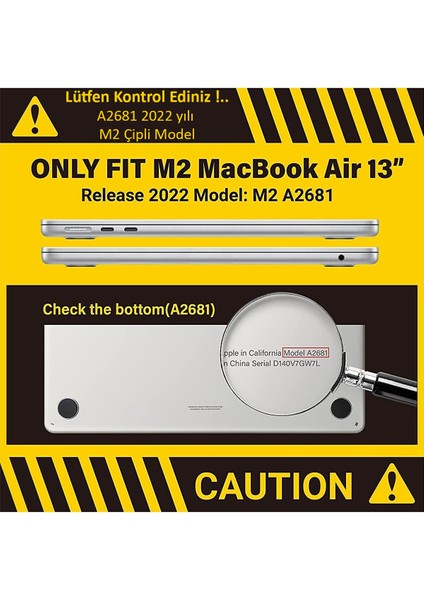 MacBook Air M2 13.6” 2022 A2681 Simli Parlak Şeffaf Kılıf Kapak 13.6" Uyumlu 360° Koruma