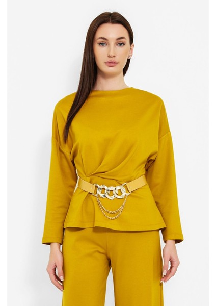 Kadın Beli Kemerli Bluz Pantolon Ikili Takım