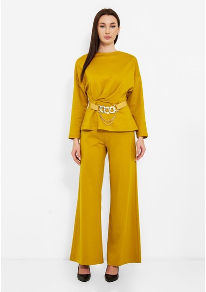 Kadın Beli Kemerli Bluz Pantolon Ikili Takım fiyatları