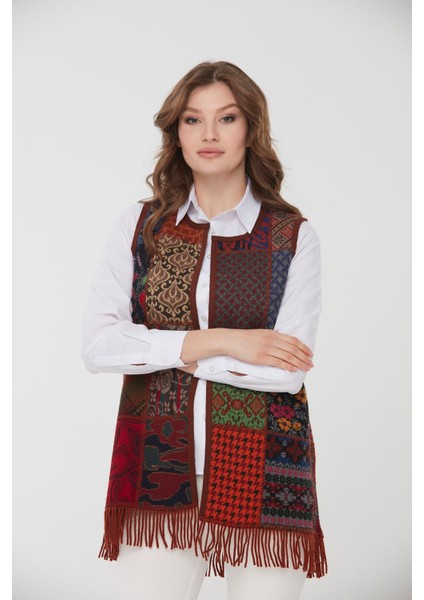 Kadın V Yaka Patchwork Cepli Yün Yelek 2206 Taba