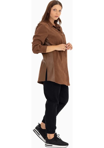 Kadın Büyük Beden Suni Deri Gömlek 1030 Taba modelleri