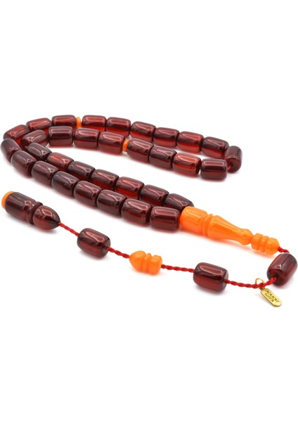 Hakkı Usta Imzalı Kapsül Kesim Koyu Kırmızı Sıkma Kehribar Tesbih 002