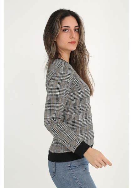 Sarı Çizgili Ekose Kadın Sweatshirt