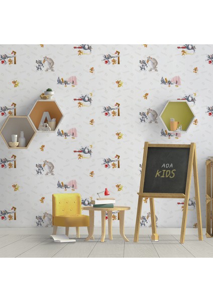 Adakids Seri Tom And Jerry Desenli Çocuk Duvar Kağıdı - (8925 -1 Açık Beyaz )