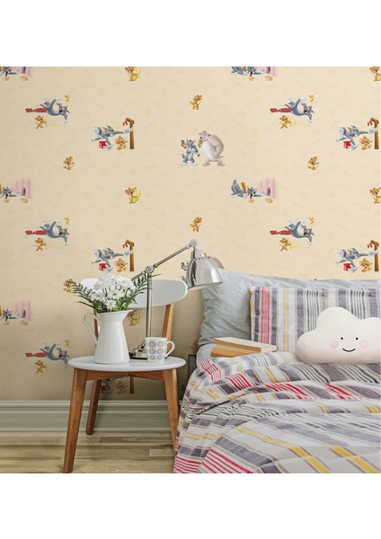 Adakids Seri Tom And Jerry Desenli Çocuk Duvar Kağıdı - (8925 -2 Bej Açık)