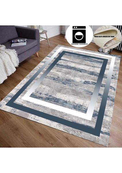 Gri Zemin Mavi Çerçeve Süngerli Yüzey Kaymaz Taban Halı