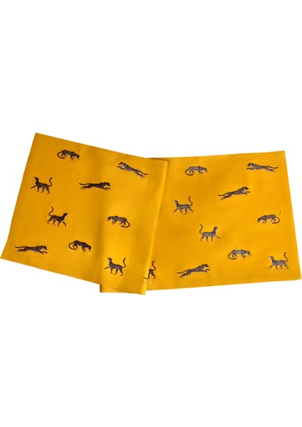 Leopar Desenli Dekoratif Sarı Keten Runner - 40 cm 120 cm