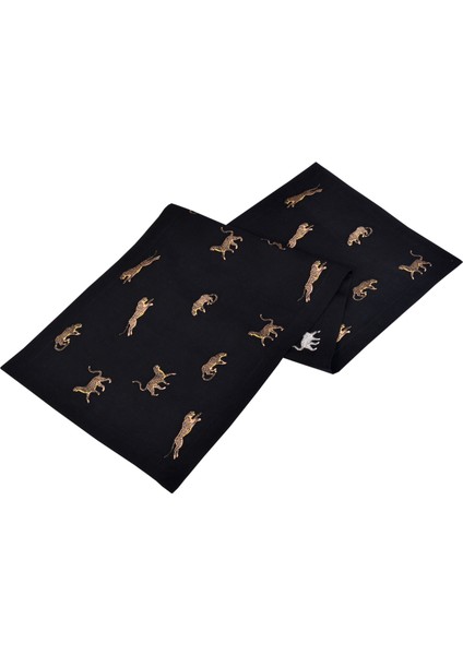 Leopar Desenli Dekoratif Siyah Keten Runner - 40 cm 120 cm