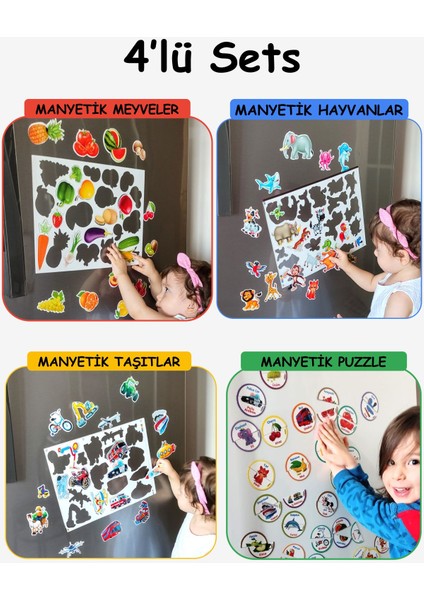 Buzdolabı Eğitici 4' Lü Set Manyetik Hayvanlar / Meyveler/taşıtlar/puzzel - Bultak Şablon Eğitici