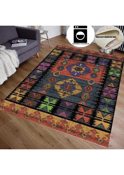 Otantik Renkli Desen Süngerli Yüzey Kaymaz Taban Halı