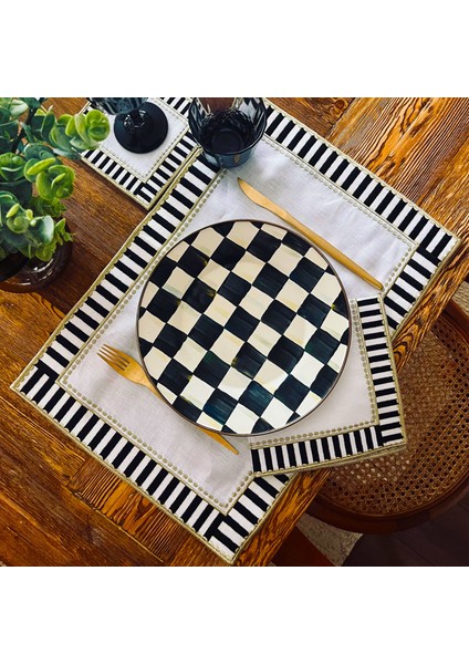 Siyah Beyaz Damalı Gold Detaylı Servis Peçetesi ( 40 x 40 )