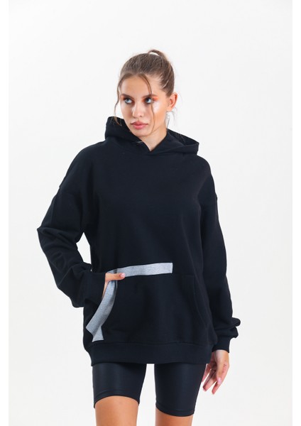 Siyah Kapüşonlu Çift Kanguru Cepli Oversize Sweatshirt