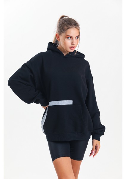 Siyah Kapüşonlu Çift Kanguru Cepli Oversize Sweatshirt