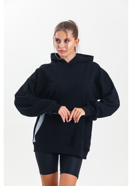 Siyah Kapüşonlu Çift Kanguru Cepli Oversize Sweatshirt